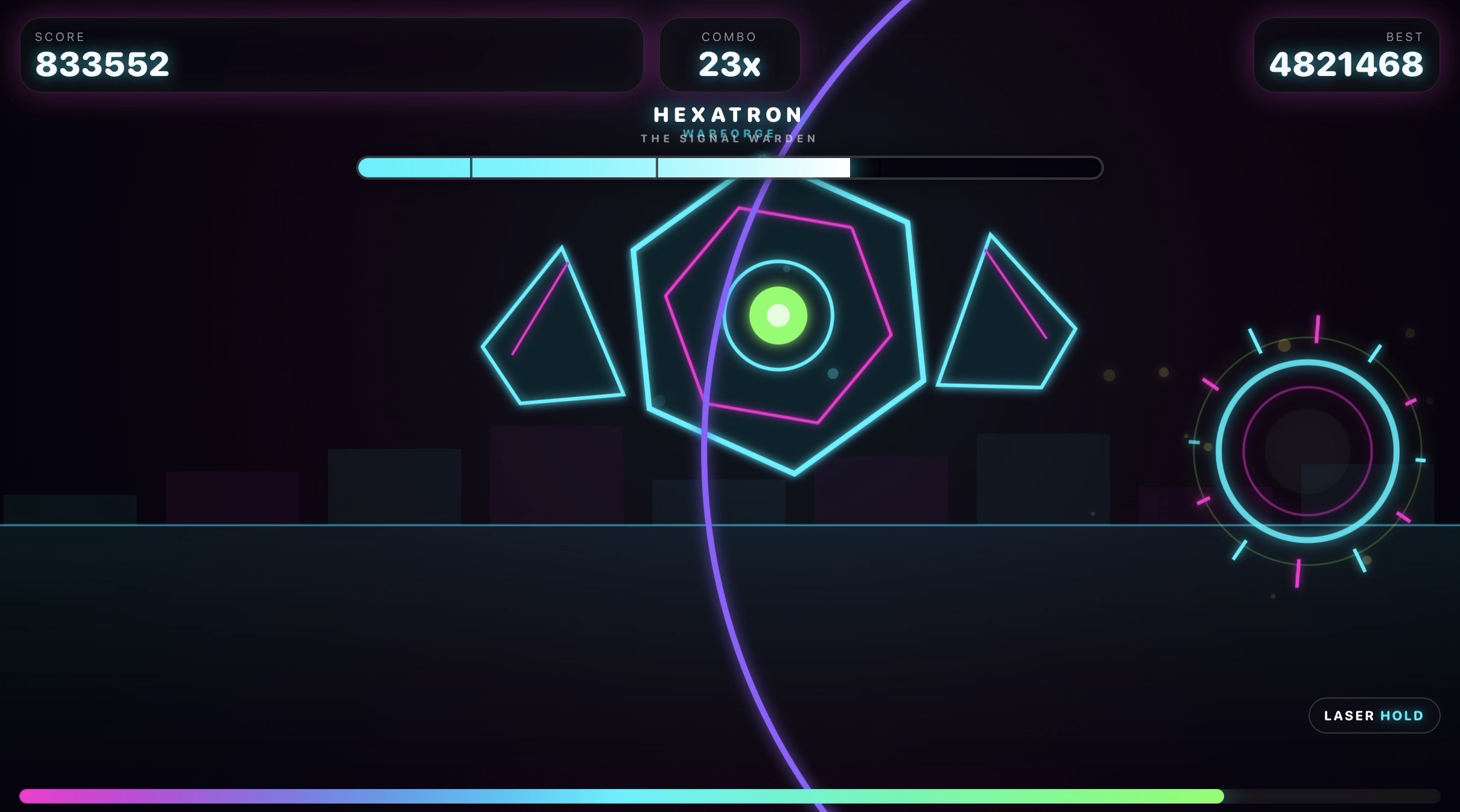Rhythm Void Hexatron boss fight showing the boss health bar, neon boss shapes, score, combo, best score, and ability button.