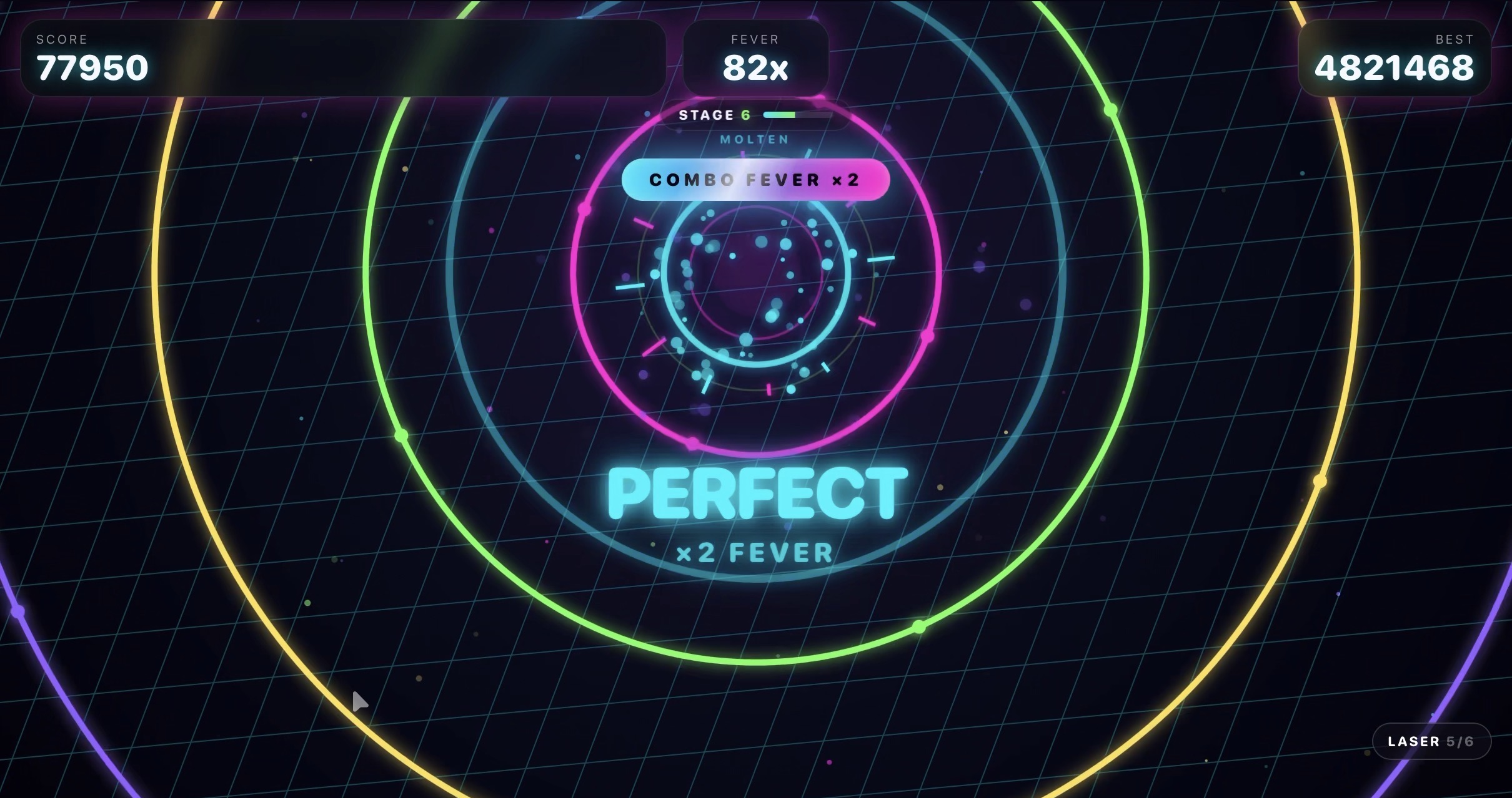 Rhythm Void gameplay showing glowing neon rings, a Perfect hit, Combo Fever, score, best score, and energy bar.
