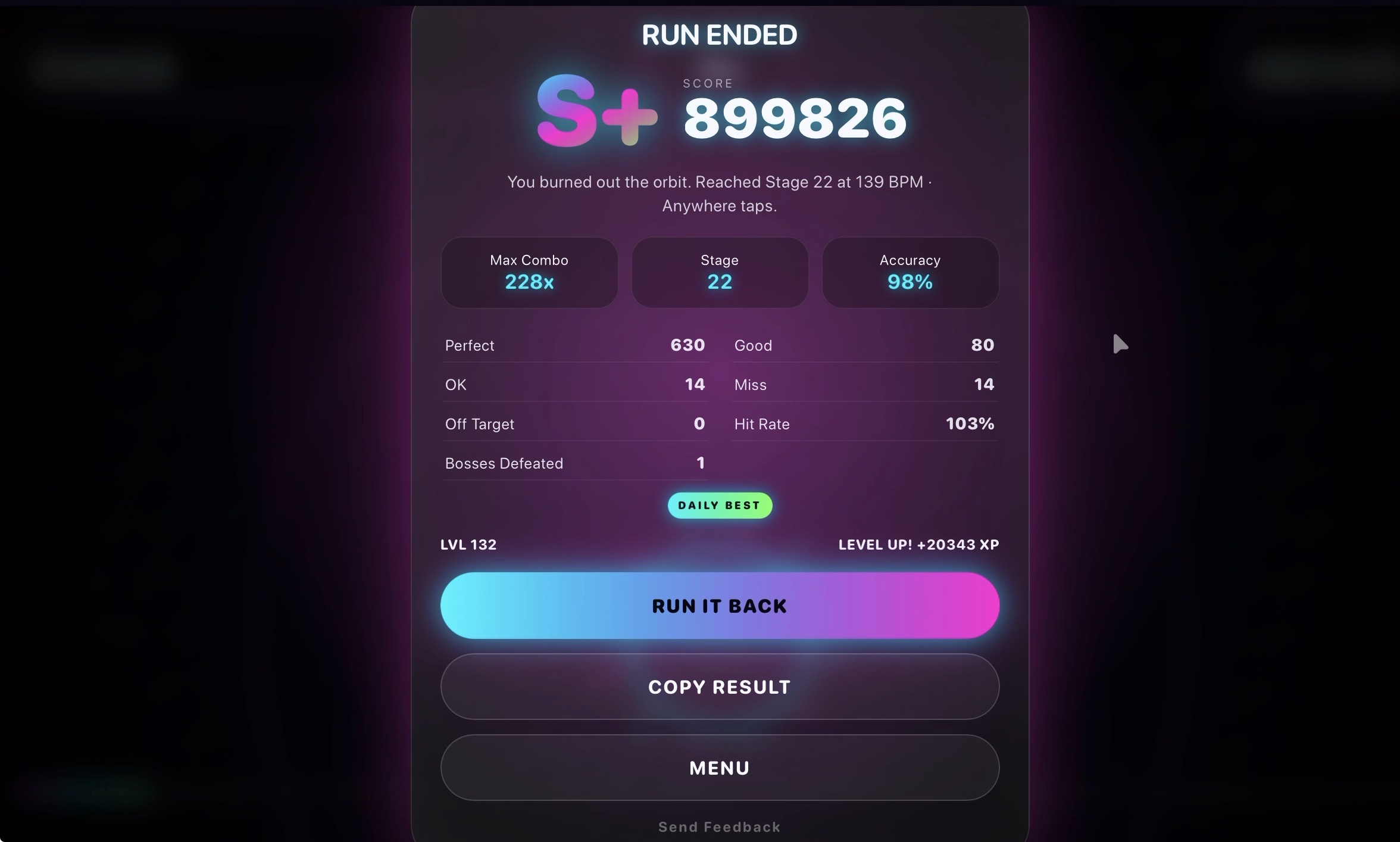 Rhythm Void run results screen showing S plus grade, score, max combo, stage, accuracy, bosses defeated, and Copy Result button.